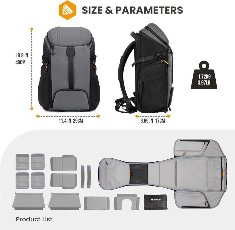 Backpack Large Camera Bag with 𝐃𝐮𝐚𝐥-𝐒𝐢𝐝𝐞 𝐎𝐩𝐞𝐧𝐢𝐧𝐠 15.6" Laptop Compartment Waterproof Raincover Outdoor Photography Hiking Travel Professional Photography Backpack Bag Grey HX-L - Image 7