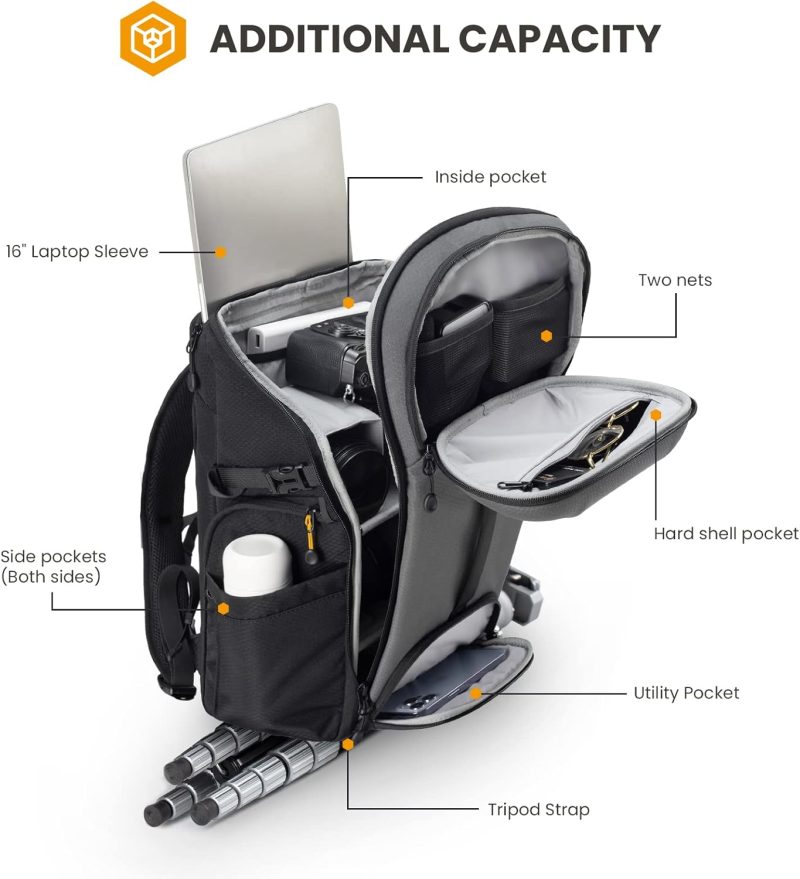 Backpack Large Camera Bag with 𝐃𝐮𝐚𝐥-𝐒𝐢𝐝𝐞 𝐎𝐩𝐞𝐧𝐢𝐧𝐠 15.6" Laptop Compartment Waterproof Raincover Outdoor Photography Hiking Travel Professional Photography Backpack Bag Grey HX-L - Image 4