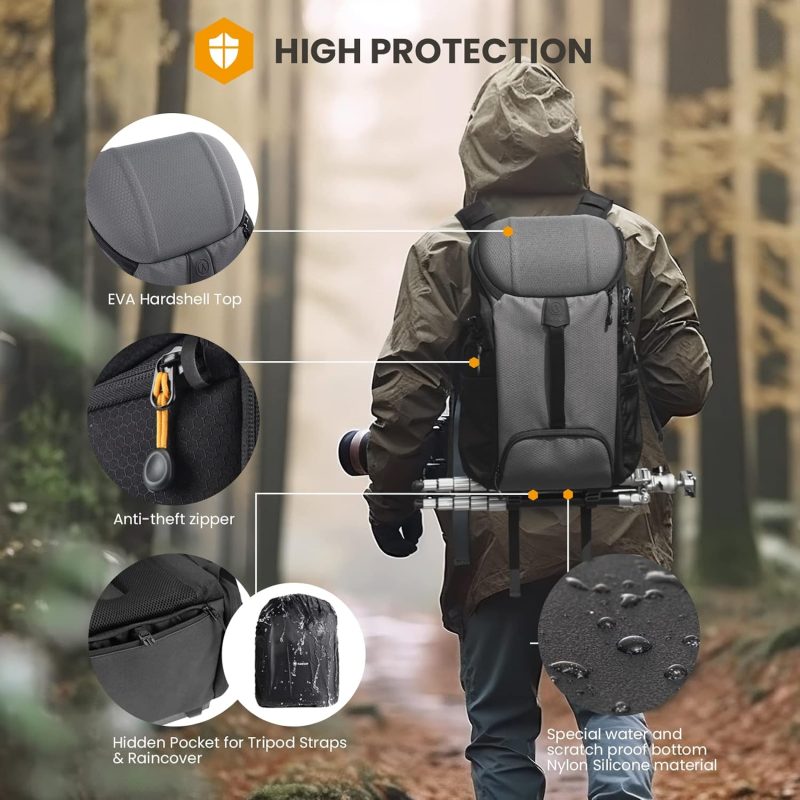 Backpack Large Camera Bag with 𝐃𝐮𝐚𝐥-𝐒𝐢𝐝𝐞 𝐎𝐩𝐞𝐧𝐢𝐧𝐠 15.6" Laptop Compartment Waterproof Raincover Outdoor Photography Hiking Travel Professional Photography Backpack Bag Grey HX-L - Image 5