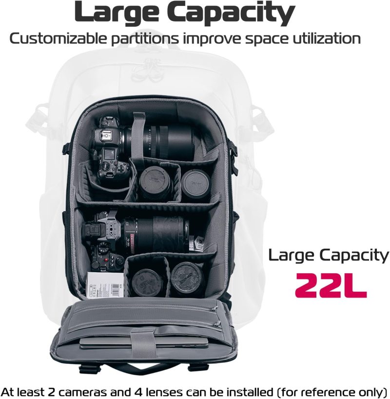 Camera Backpack Professional Bag, Water-Resistant Photography Camera Case Anti Theft Travel for Photographers DSLR Mirrorless Camera Lens Tripod Holder 16" Laptop Black 22L - Image 3
