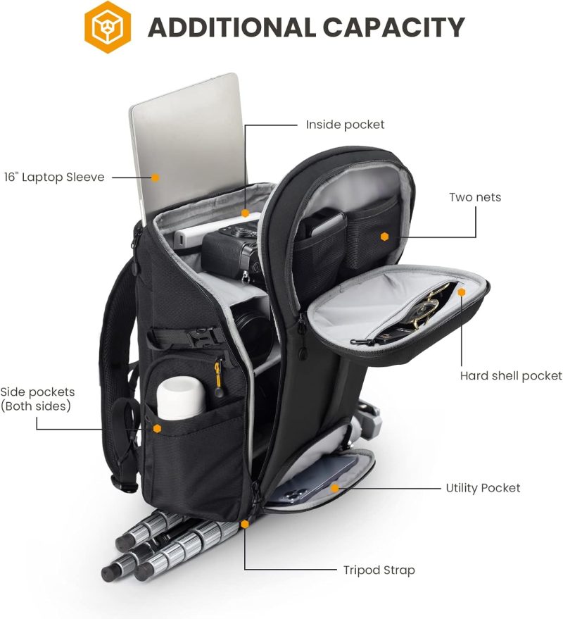 Camera Backpack Bag - Large Photo Backpack with 𝐃𝐮𝐚𝐥-𝐒𝐢𝐝𝐞 𝐎𝐩𝐞𝐧𝐢𝐧𝐠 15.6" Laptop Sleeve Waterproof Raincover DSLR Backpack for Outdoor Photography Hiking Travel Black HX-L - Image 4