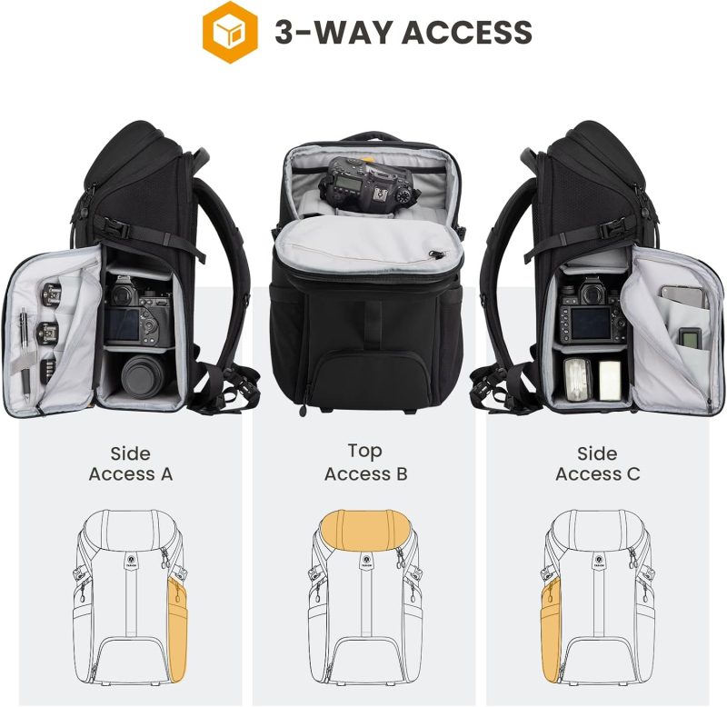 Camera Backpack Bag - Large Photo Backpack with 𝐃𝐮𝐚𝐥-𝐒𝐢𝐝𝐞 𝐎𝐩𝐞𝐧𝐢𝐧𝐠 15.6" Laptop Sleeve Waterproof Raincover DSLR Backpack for Outdoor Photography Hiking Travel Black HX-L - Image 2