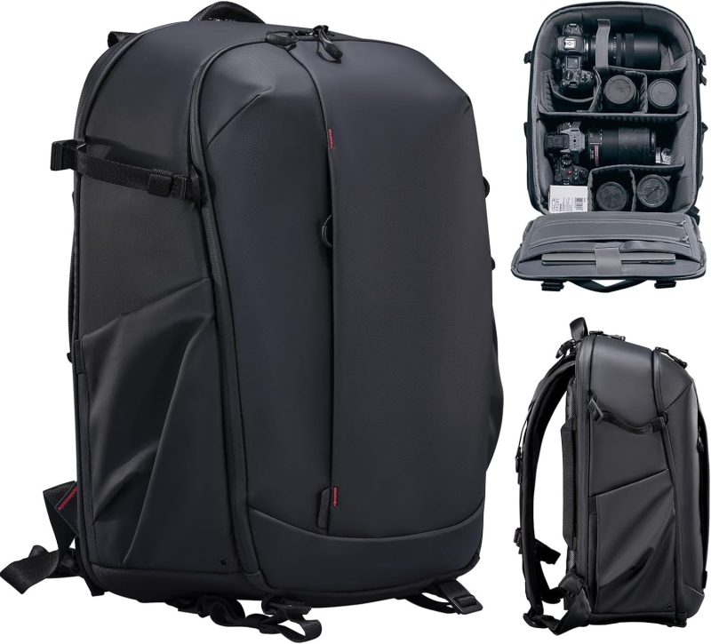 Camera Backpack Professional Bag, Water-Resistant Photography Camera Case Anti Theft Travel for Photographers DSLR Mirrorless Camera Lens Tripod Holder 16" Laptop Black 22L